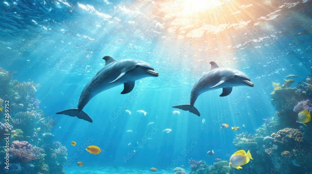 Playful Dolphins Swimming in Vibrant Coral Reef Playful Dolphins Swimming in Vibrant Coral Reef