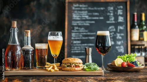 a pub menu featuring various drinks and food items displayed on a chalkboard. photo