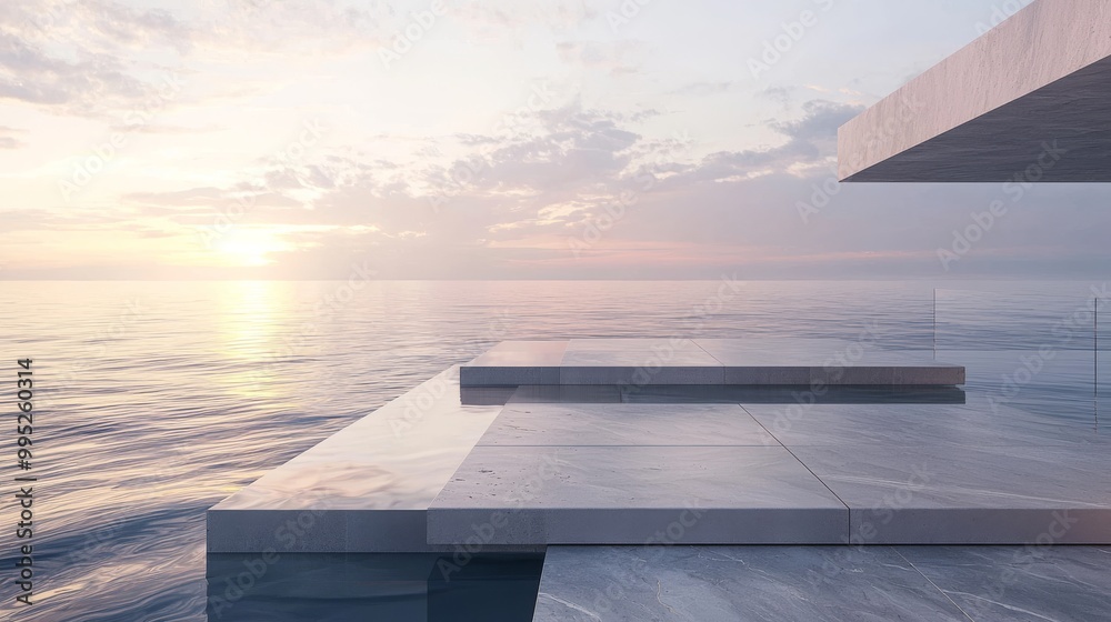 Fototapeta premium A modern observation deck extending over the ocean, with a series of floating concrete steps leading down to the water