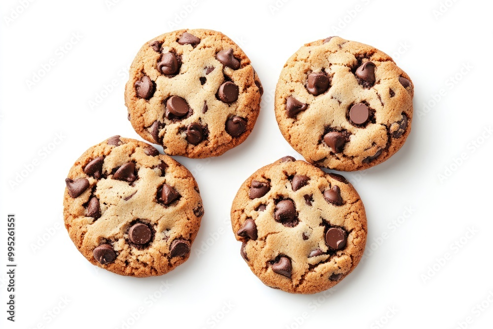 Four Chocolate Chip Cookies on a White Background Four Chocolate Chip Cookies on a White Background