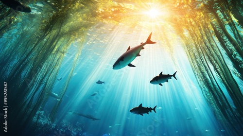 Underwater Scene with Sharks and Sunlight Rays photo