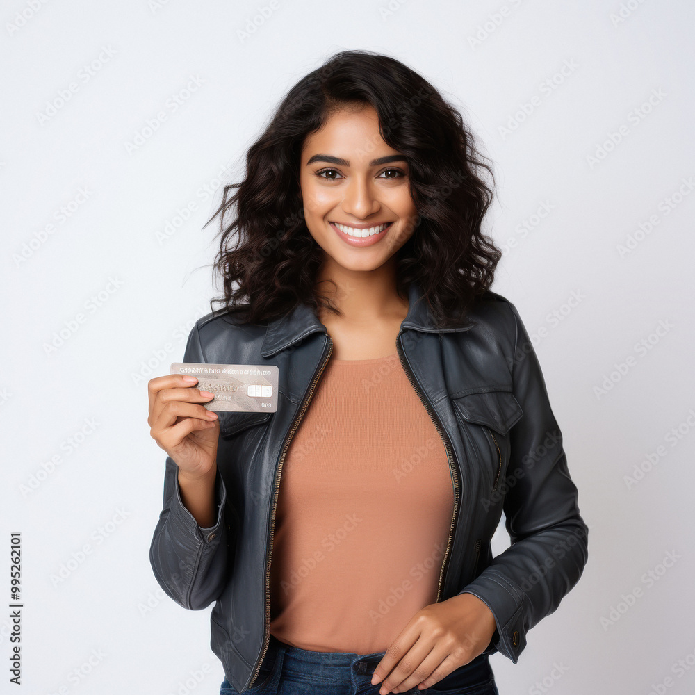 young indian woman holding credit card on white background young indian woman holding credit card on white background
