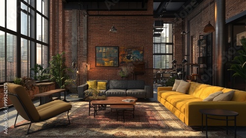 Vintage loft with a mix of retro furniture, exposed brick, and industrial light fixtures. Warm and eclectic atmosphere.