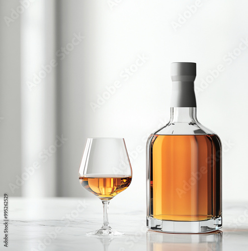 close-up shot of an elegant whiskey bottle with a clean, sleek label placed on a white marble surface. A partially filled whiskey glass with a few ice cubes sits beside it. The background is blurred,