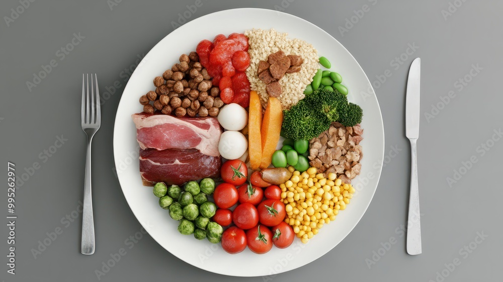 A balanced plate of food with lean proteins, whole grains, colorful vegetables, and healthy fats. AI generated A balanced plate of food with lean proteins, whole grains, colorful vegetables, and healthy fats. AI generated