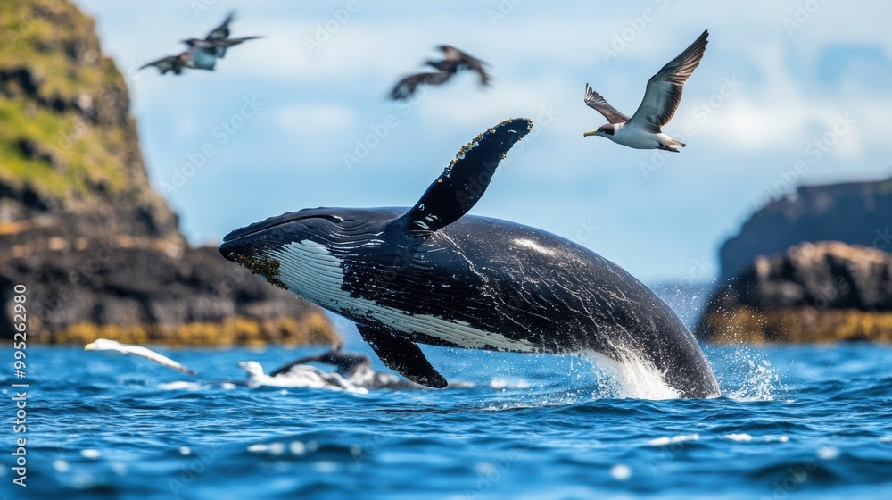 Naklejka premium Majestic Whale Breaching in Ocean with Seabirds