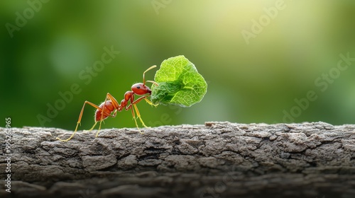 A close-up image of an ant carrying a leaf over a log in a serene forest setting. 