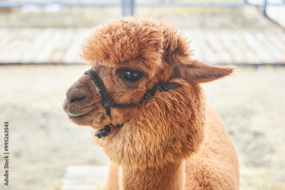 Obraz premium The animal is a mammalian llama. Raising rare animals on a farm.