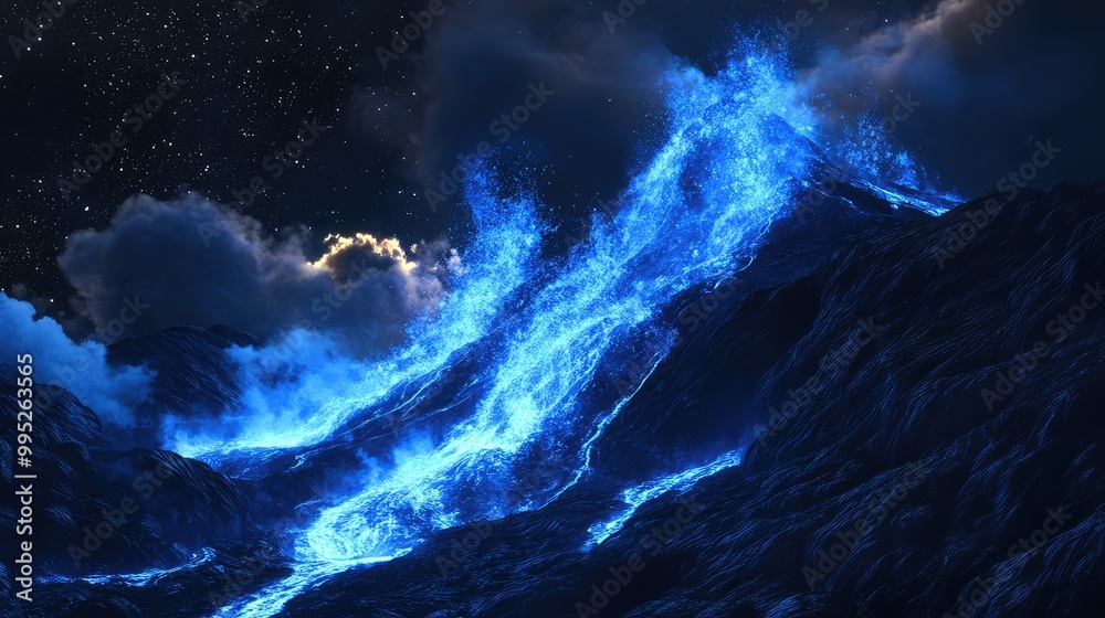 An aerial view of blue lava cascading down a volcanic slope under starry skies An aerial view of blue lava cascading down a volcanic slope under starry skies