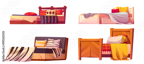 Wooden beds set isolated on white background. Vector cartoon illustration of bedroom furniture in asian, scandinavian, rustic, classic style, color blankets, cushions and bedsheets, home textile