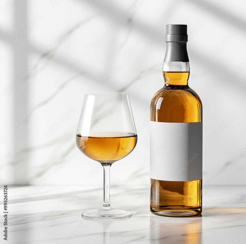 close-up shot of an elegant whiskey bottle with a clean, sleek label placed on a white marble surface. A partially filled whiskey glass with a few ice cubes sits beside it. The background is blurred, close-up shot of an elegant whiskey bottle with a clean, sleek label placed on a white marble surface. A partially filled whiskey glass with a few ice cubes sits beside it. The background is blurred,