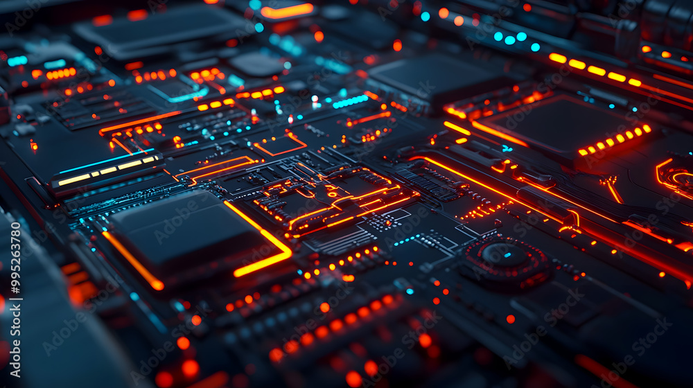 Futuristic Circuit Board with Glowing Elements Futuristic Circuit Board with Glowing Elements