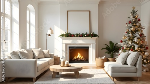 Living room interior with light colors for Christmas.