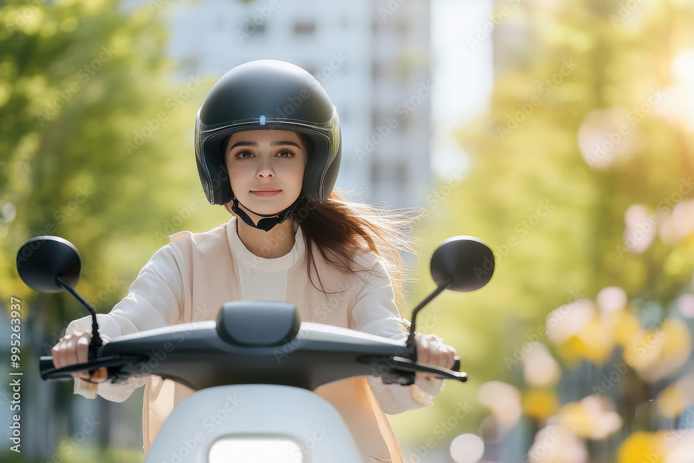 young indian woman wearing helmet and riding electric scooter young indian woman wearing helmet and riding electric scooter