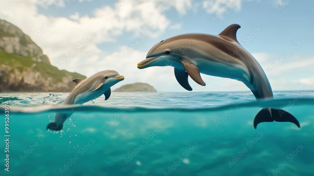 Obraz premium Dolphins Swimming in Crystal Clear Water