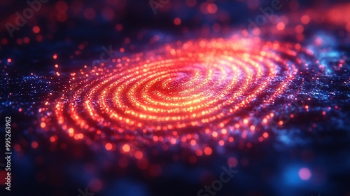 Abstract glowing fingerprint with red and blue lights.