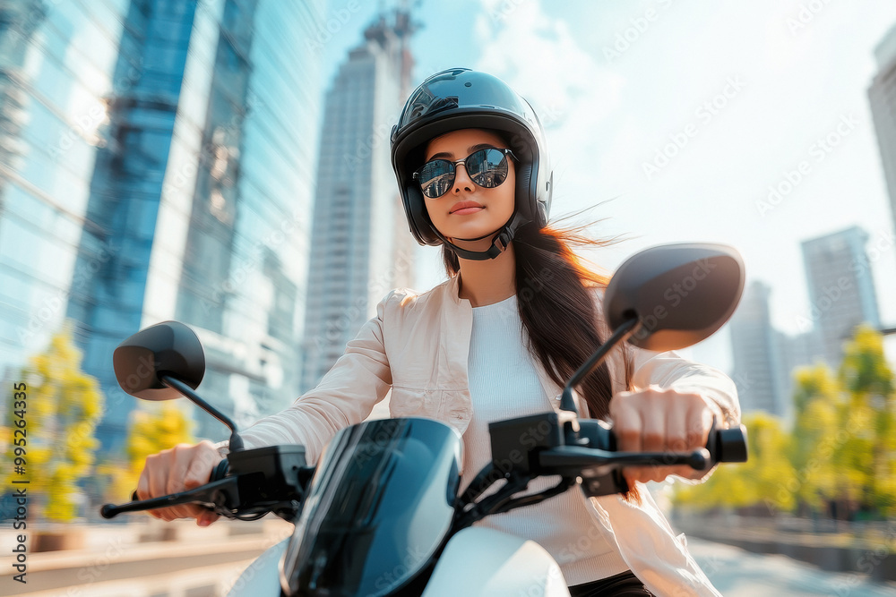 young indian woman wearing helmet and riding electric scooter young indian woman wearing helmet and riding electric scooter