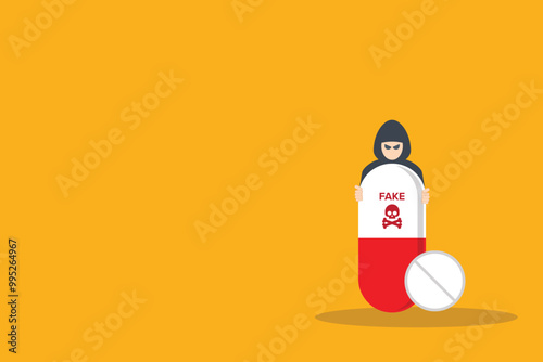 Fake medicine. Pill and tablet with criminal selling illegal drugs. Fake drugs, pharmaceutical. Symbolic for harmful counterfeit pills, risk and danger of illegal produced and sold pharmaceuticals.