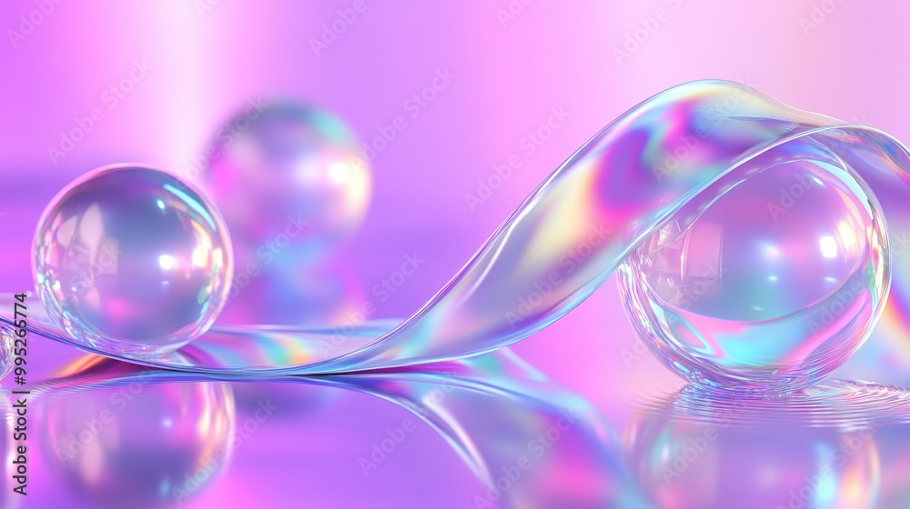 3D abstract render with a glass ribbon on water and geometric spheres and circles. Iridescent holographic shapes in motion provide a glossy digital art backdrop, 3D abstract render with a glass ribbon on water and geometric spheres and circles. Iridescent holographic shapes in motion provide a glossy digital art backdrop,