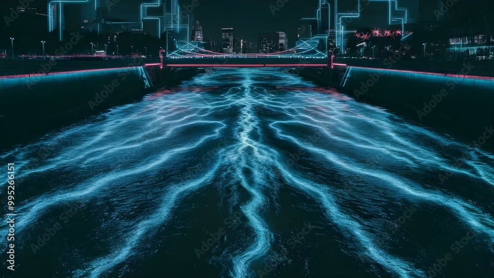 Obraz premium Neon river with neon bridge 