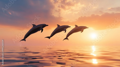 Graceful Dolphins Jumping at Sunset Over Ocean