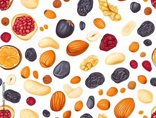 Assortment of Flat Nuts and Dried Fruits on Plain Background with Ample Copy Space for Text - Simple Vector Illustration for Smart Business Themes