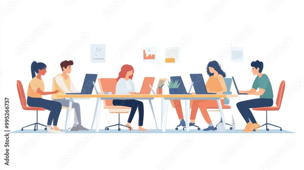 Coworking space with people sitting at the table. Male and female freelancers sitting at computers. Business team working together at the big desk using laptops. Colleagues in office flat vector illus Coworking space with people sitting at the table. Male and female freelancers sitting at computers. Business team working together at the big desk using laptops. Colleagues in office flat vector illus