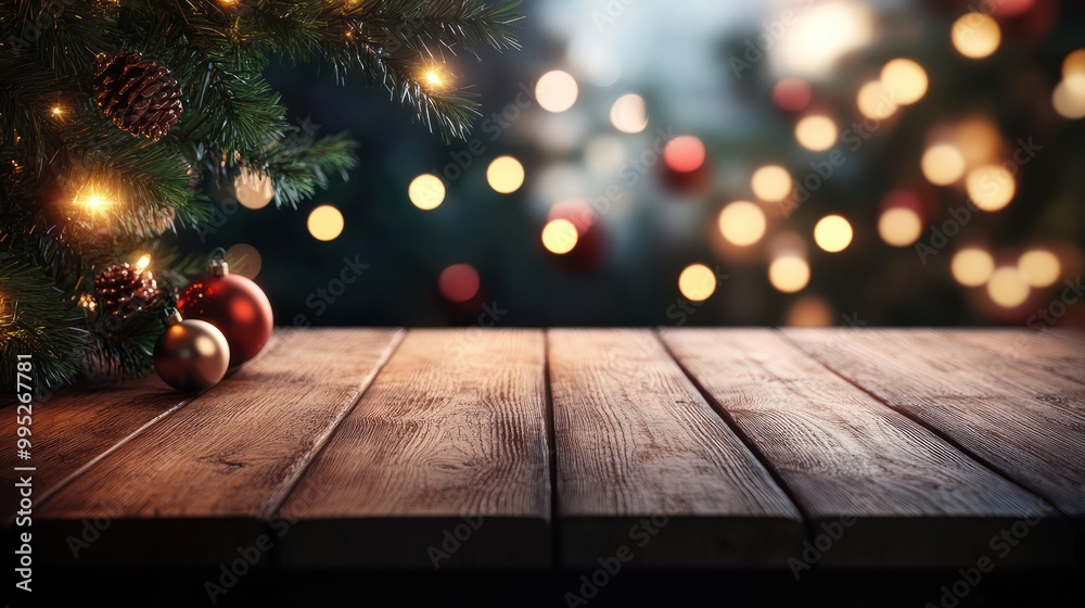 Empty wooden table with christmas theme in background Empty wooden table with christmas theme in background