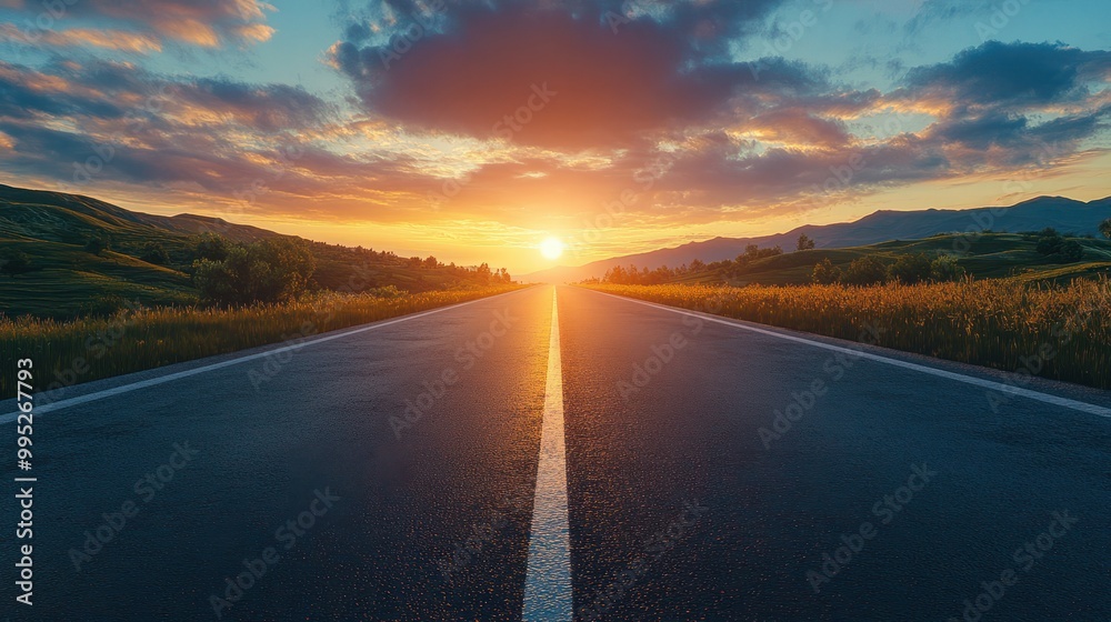 Fototapeta premium Empty countryside asphalt road leading to start 2025 at sunset