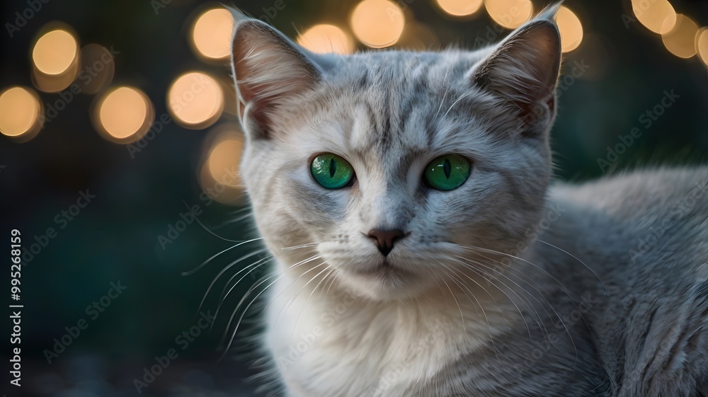 A closeup portrait of petite gray-white short-haired cat with emerald green eyes. A closeup portrait of petite gray-white short-haired cat with emerald green eyes.