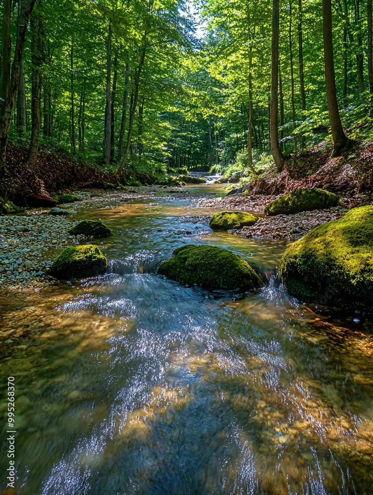 A clear, flowing stream winds through a lush, green forest, with sunlight dappling the water and mossy rocks along the banks. A clear, flowing stream winds through a lush, green forest, with sunlight dappling the water and mossy rocks along the banks.