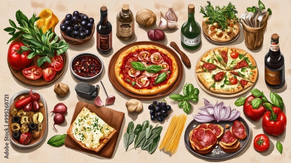 Gourmet Italian food set - Italy, vector design of typical foods of mediterranean cuisine. Herbs of italian cuisine with elements of food such as pizza, pasta, antipasti and vegetables. Gourmet Italian food set - Italy, vector design of typical foods of mediterranean cuisine. Herbs of italian cuisine with elements of food such as pizza, pasta, antipasti and vegetables.