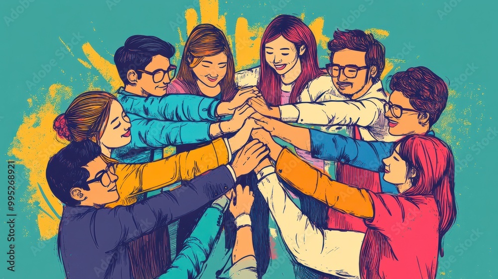 Fototapeta premium Hand drawn teamwork colorful doodle business illustration