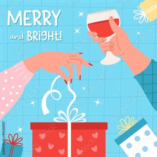 Holiday card. Male light skinned hand with glass of red wine and female hand opening gift box on blue checkered background. Vector illustration. Square festive poster banner