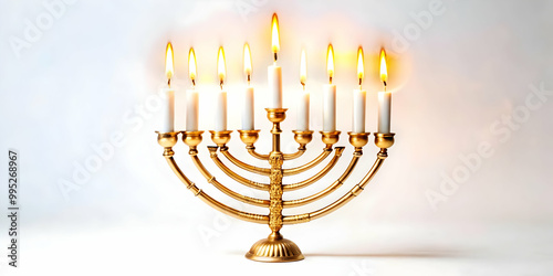 Futuristic Flying Menorah with Glowing Candles Floating in Mid-Air - Stunning White Background for Modern Hanukkah Designs