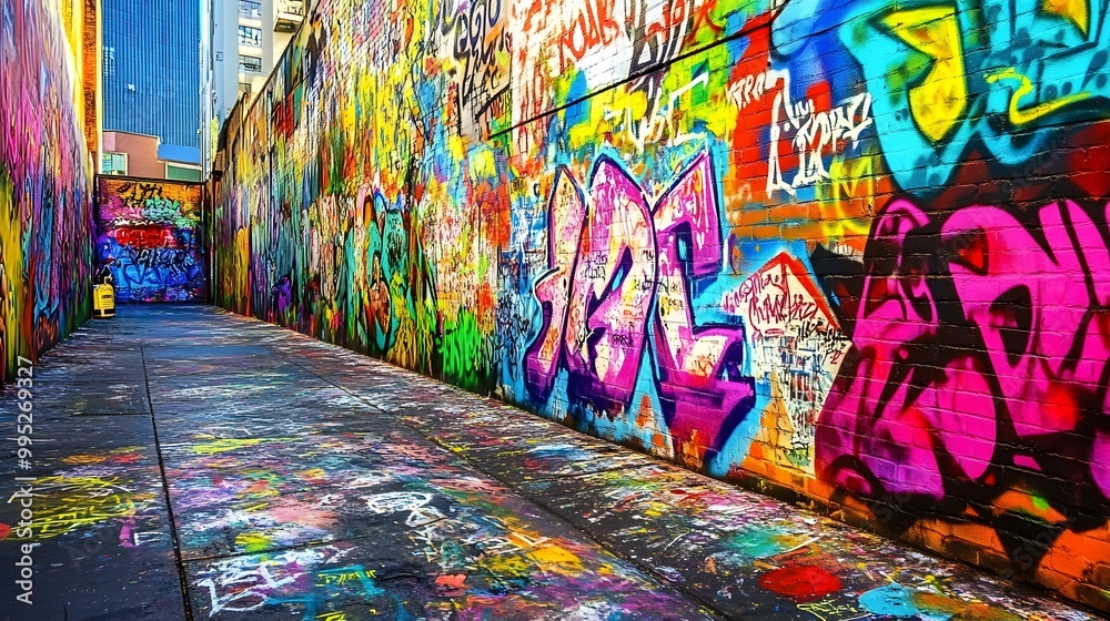 Fototapeta premium 74. A colorful graffiti wall in an urban setting filled with street art