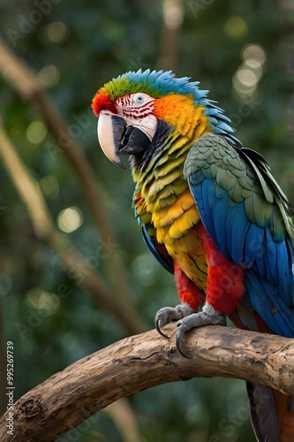 A breathtaking close-up of a majestic macaw, its vibrant feathers shimmering in the sunlight.