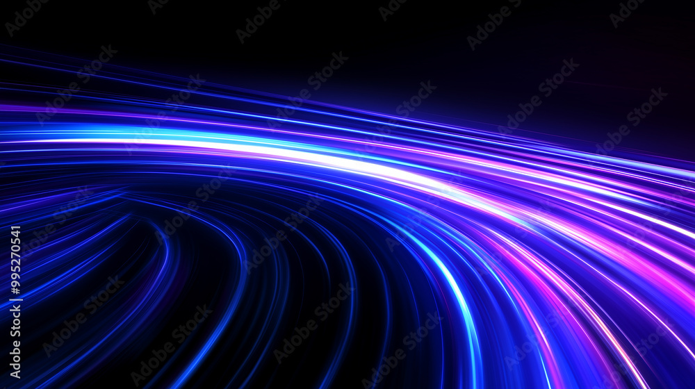 A mesmerizing image of a vibrant neon light trail curving through a dark abyss