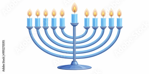 Modern Flat Floating Hanukkah Menorah with Glowing Blue Flames Isolated on White Background - Sleek Design for Contemporary Celebrations