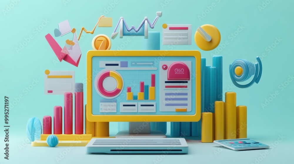 3D illustration of SEO optimization featuring web analytics charts, marketing elements, and performance metrics, 3D illustration of SEO optimization featuring web analytics charts, marketing elements, and performance metrics,