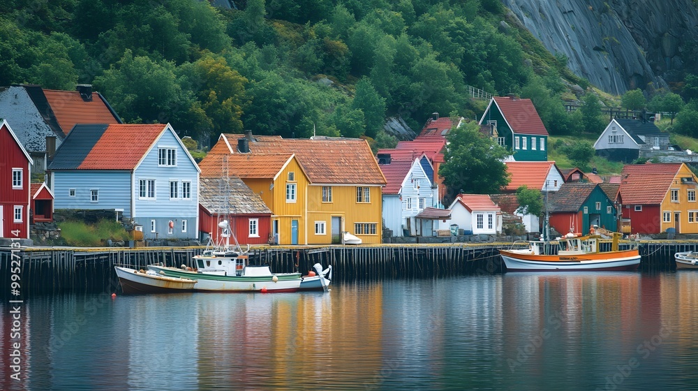 Fototapeta premium 71. A quaint seaside village with colorful houses and fishing boats