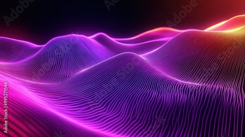 3D neon background with a panoramic view, featuring bright purple, violet, and pink lines shining under ultraviolet light