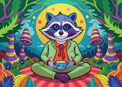 Whimsical Raccoon Meditating in Psychedelic Forest - Vibrant Cartoon Illustration