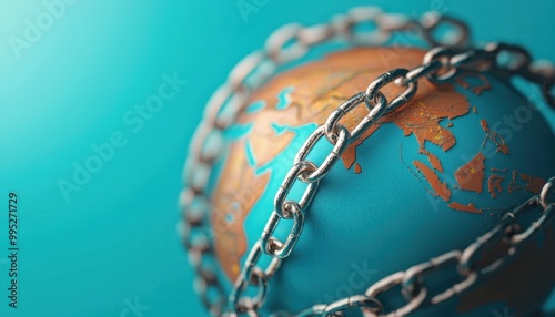 Trade barrier, crisscrossing chains over a globe of interconnected arrows, 3D illustration  photo