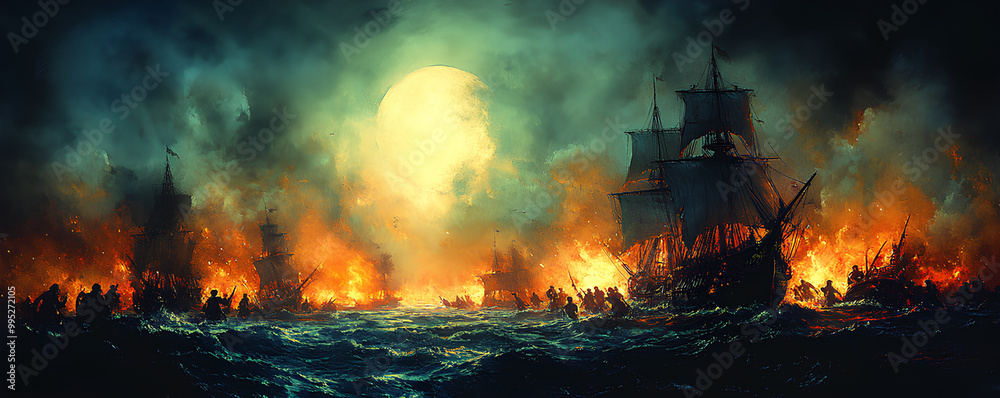 Fototapeta premium Skeleton pirates, pulling cursed treasure from the sea, moonlit night, Watercolor style