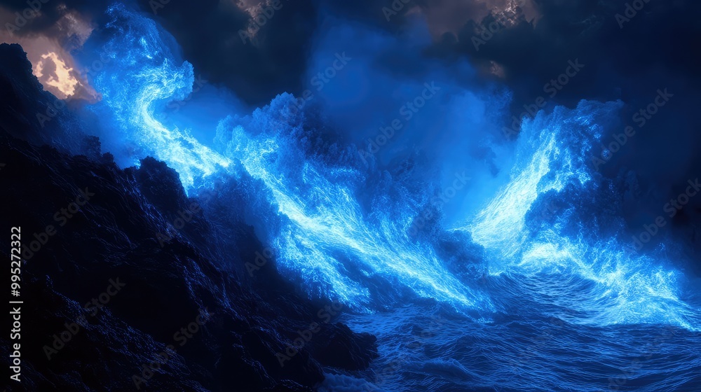 Fototapeta premium Blue lava meeting the ocean waves, creating a stunning light display