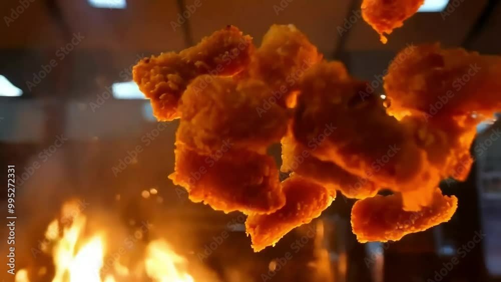 Fried Chicken Pieces Tossed in Air with Fiery Background