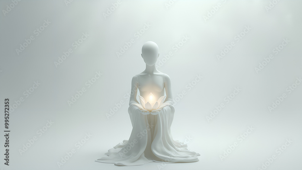 A white plaster-like androgynous figure holding a glowing white lotus in their hands A white plaster-like androgynous figure holding a glowing white lotus in their hands