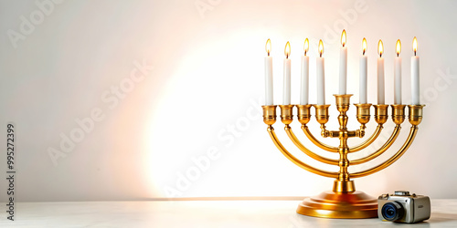 3D Podium with Glowing Hanukkah Candles on Top for Festive Celebrations - Ideal Copy Space Base for Custom Messages or Branding, Focused Medium Shot, Isolated on White photo