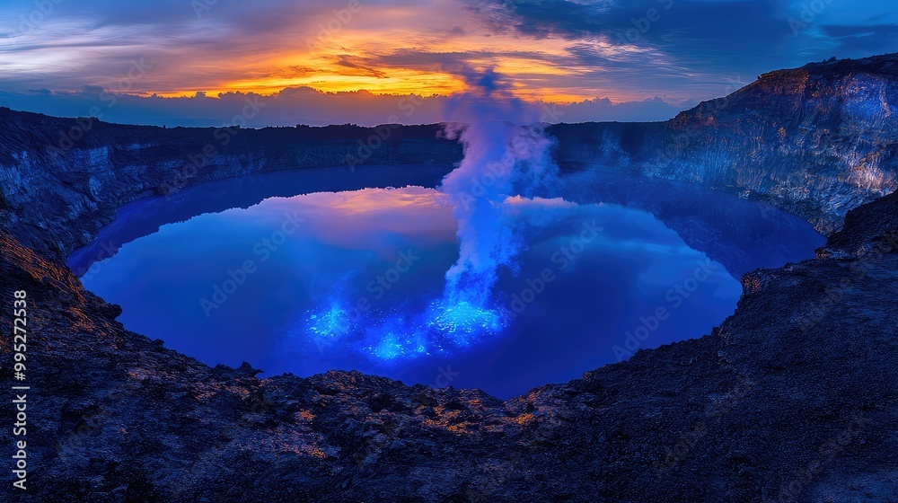Blue lava streaming into a crater lake, creating mesmerizing reflections Blue lava streaming into a crater lake, creating mesmerizing reflections